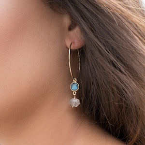 Labradorite &  Herkimer Diamond Gold Hoop Earrings ~ 14k Gold Filled or Sterling Silver  ~ Jewelry ~ Natural~ Organic ~ Everyday ~ Circle ~