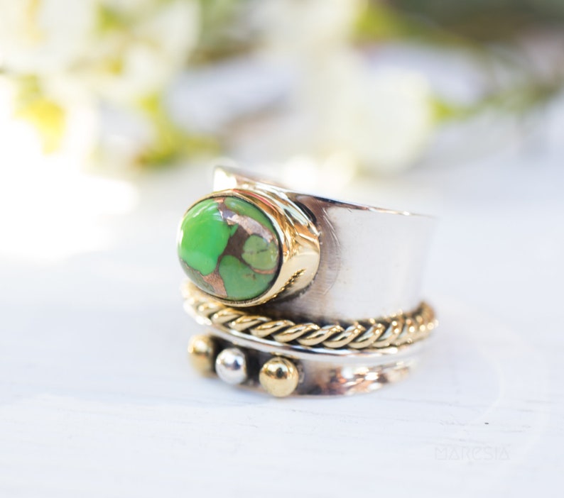 Green Turquoise Spinner Ring~Spinning~Spin~Meditation~Yoga~Anxiety~Anti Stress~Large Band~Sterling Silver 925~Mix Metals~Copper~Bronze~MS002
