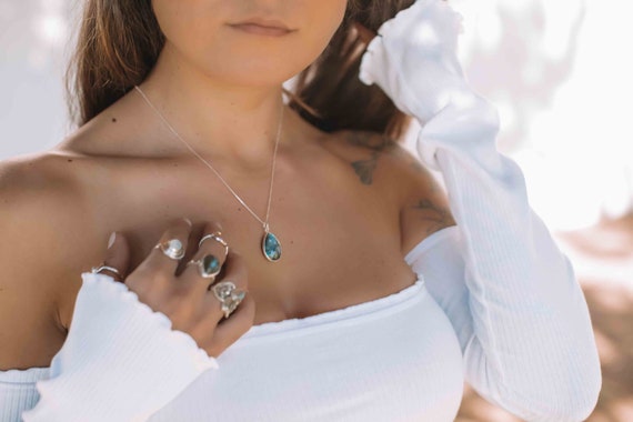 Labradorite, Aqua Chalcedony, Blue Chalcedony, Rose Quartz, Moonstone, Turquoise, Emerald Necklace ~ Tear Drop ~ Sterling Silver ~ Charm MN0