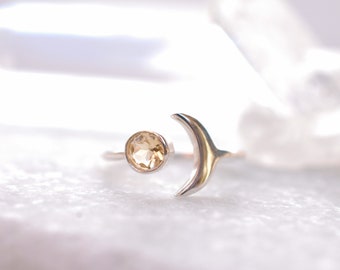 Yellow topaz Ring ~ Sterling Silver 925 ~Handmade ~Adjustable~ Crescent ~Half Moon ~Boho ~Hippie~ Bohemian~Gift For Her ~MR050