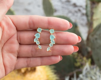 Aqua Chalcedony Ear Climber Earrings ~ Stud ~ Jewelry ~ 18k Gold Plated ~ Natural ~ Minimalist Everyday ~ Gift for Her ~ Boho ~ Hippie~ME172