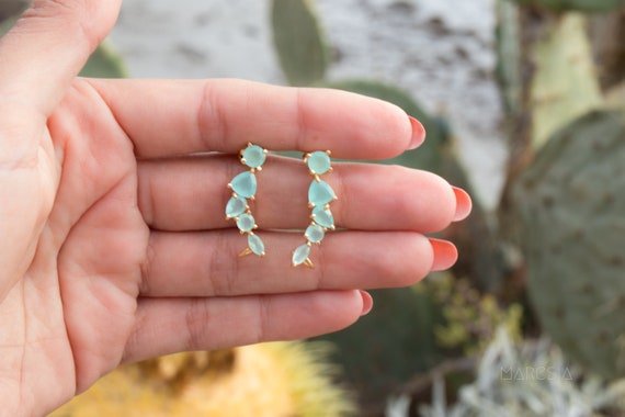 Ear Climber Earrings Aqua Blue Chalcedony Gold-plated Sterling Silver Ear Climber Earrings Aqua Blue Chalcedony Gold-plated Sterling Silver