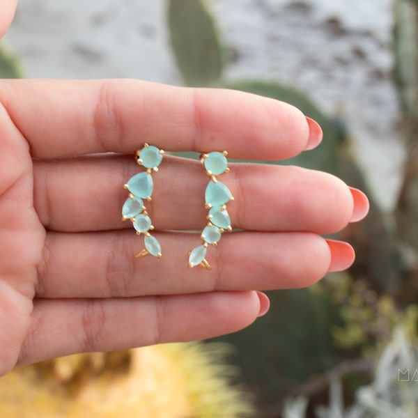 Aqua Chalcedony Ear Climber Earrings ~ Stud ~ Jewelry ~ 18k Gold Plated ~ Natural ~ Minimalist Everyday ~ Gift for Her ~ Boho ~ Hippie~ME172