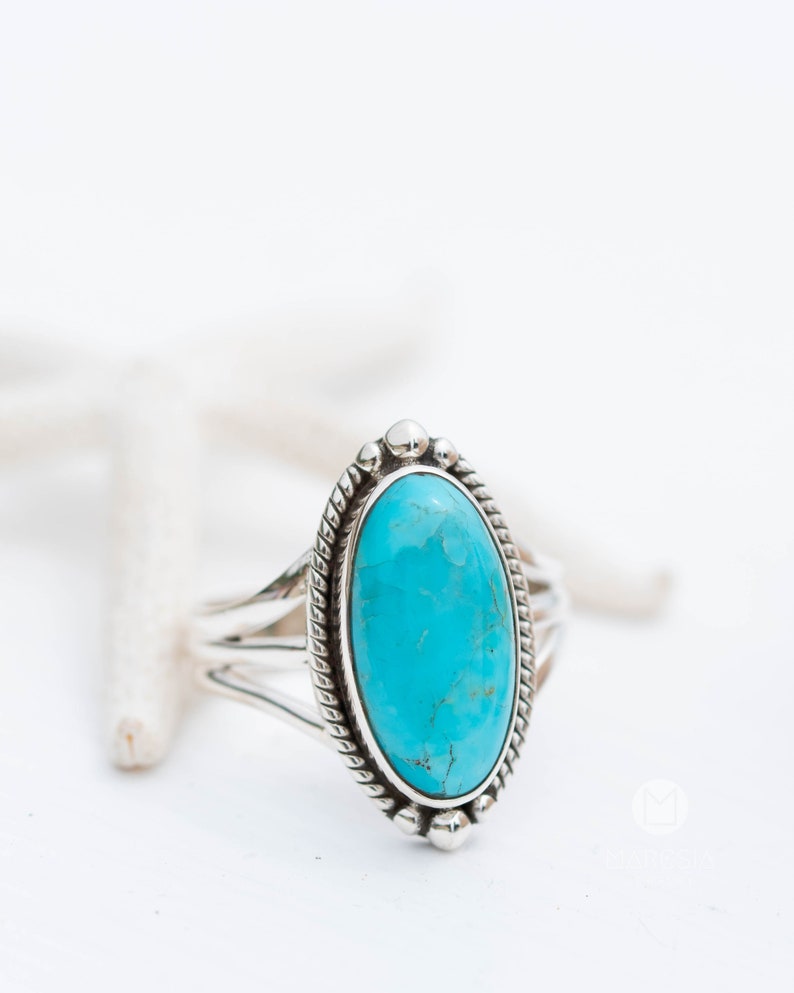 Turquoise Ring Sterling Silver 925 Handmade Statement Hippie Bohemian Jewelry Gift For Her GemstoneDecember BirthstoneMR249 zdjęcie 4