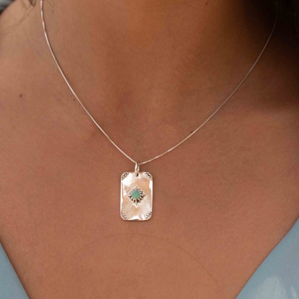 Turquoise or Moonstone Pendant ~ Rectangular ~ Sterling Silver 925  ~ Delicate ~ Bohemian ~  Charm ~ MN082