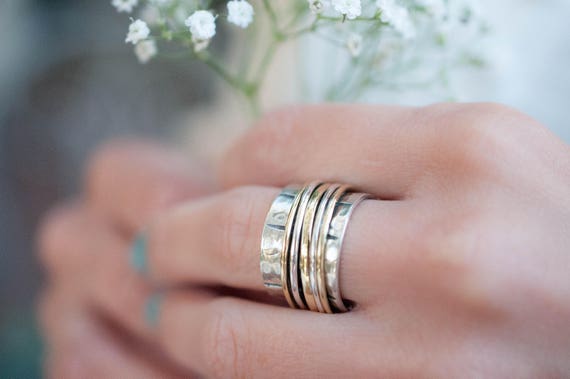 Green Turquoise Spinner Ring~Spinning~Spin~Meditation~Yoga~Anxiety~Anti Stress~Large Band~Sterling Silver 925~Mix Metals~Copper~Bronze~MS002