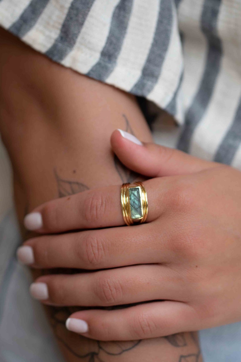 Rainbow Labradorite Ring Rectangular Stone Gemstone Natural 18k Gold Plated Jewelry Handmade February Birthstone MR304 image 3