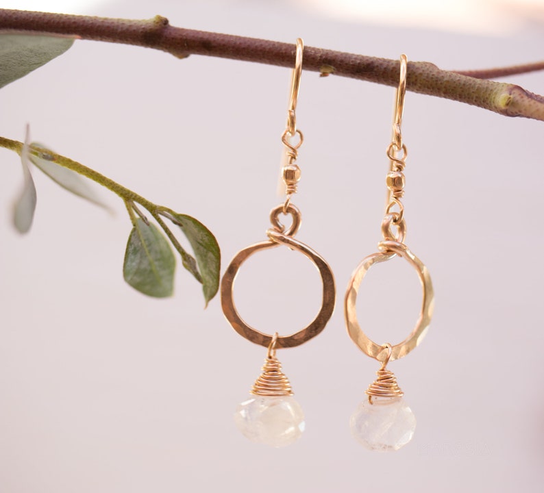 Round Moonstone Earrings ~ 14k Gold Filled ~Dangle ~ Jewelry ~ Natural ~ Organic ~ Everyday~ Delicate~ minimalist Boho ~ Hippie ~ ME033