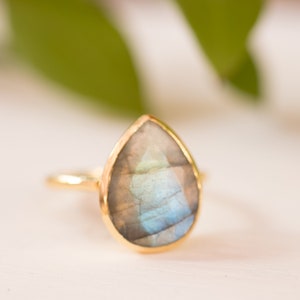 Rainbow Labradorite Tear Drop Ring Gemstone Natural 18k Gold Plated Jewelry HandmadeFebruary Birthstone MR009 image 4