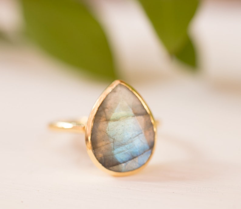 Rainbow Labradorite Tear Drop Ring Gemstone Natural 18k Gold Plated Jewelry HandmadeFebruary Birthstone MR009 image 4