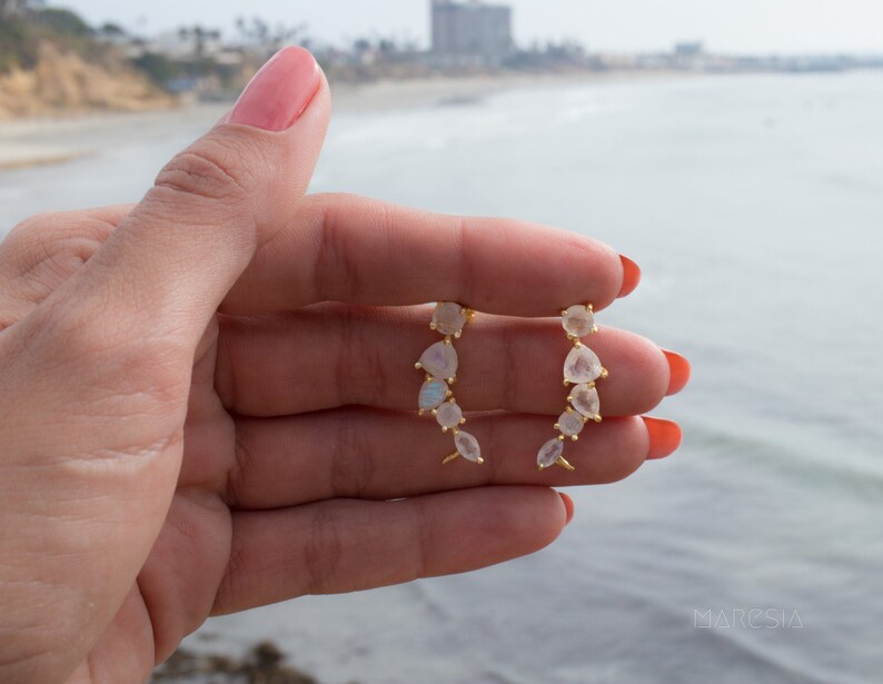 Moonstone Ear Climber Earrings ~ Stud ~ Jewelry ~ 18k Gold Plated ~ Natural ~ Minimalist Everyday ~ Gift for Her ~ Boho ~ Hippie ~ ME173