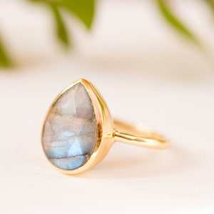 Rainbow Labradorite Tear Drop Ring Gemstone Natural 18k Gold Plated Jewelry HandmadeFebruary Birthstone MR009 image 7