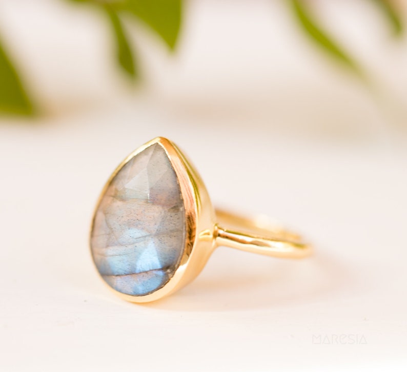 Rainbow Labradorite Tear Drop Ring Gemstone Natural 18k Gold Plated Jewelry HandmadeFebruary Birthstone MR009 image 7