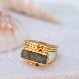 Rainbow Labradorite Ring Rectangular Stone Gemstone Natural 18k Gold Plated Jewelry Handmade February Birthstone MR304 image 2