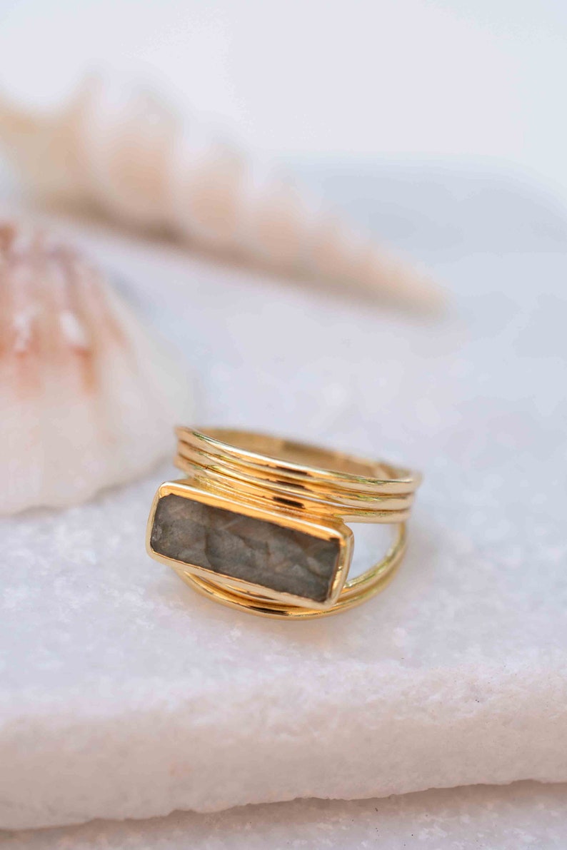 Rainbow Labradorite Ring Rectangular Stone Gemstone Natural 18k Gold Plated Jewelry Handmade February Birthstone MR304 image 2