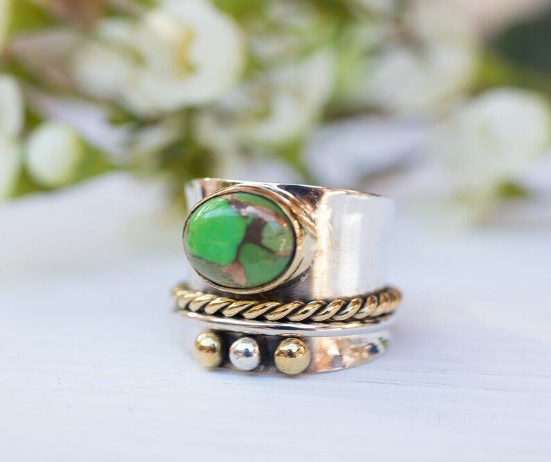 Green Turquoise Spinner Ring~Spinning~Spin~Meditation~Yoga~Anxiety~Anti Stress~Large Band~Sterling Silver 925~Mix Metals~Copper~Bronze~MS002
