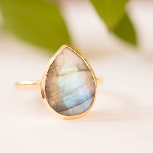 Rainbow Labradorite Tear Drop Ring Gemstone Natural 18k Gold Plated Jewelry HandmadeFebruary Birthstone MR009 image 5