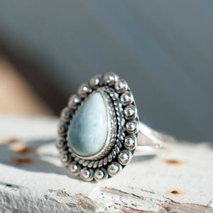 Larimar Ring Statement Gemstone Semi Precious Stone Blue White Natural Organic Sterling Silver 925Tear DropThin BandMR020 image 2