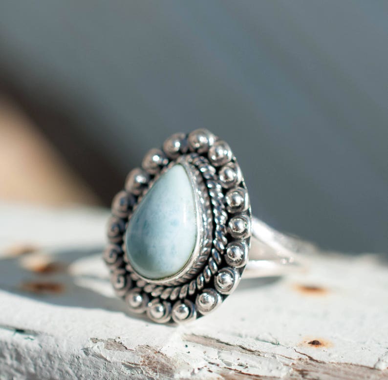 Larimar Ring Statement Gemstone Semi Precious Stone Blue White Natural Organic Sterling Silver 925Tear DropThin BandMR020 image 2