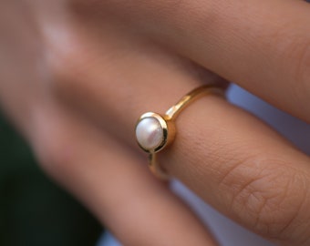 Pearl Gold Ring Delicate 18k Gold Plated Handmade Gemstone Statement Everyday Hippie Bohemian Stackable MR210