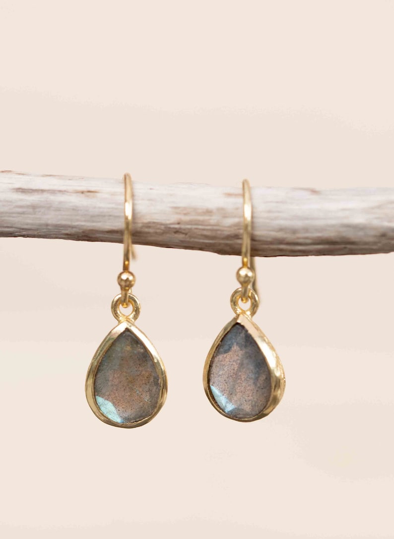 Labradorite Tear Drop Earrings Jewelry 18k Gold Plated Natural Minimalist Everyday Gift for Her Boho Hippie ME187 image 1