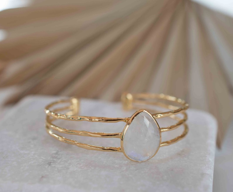 Moonstone Adjustable Bracelet Gold Plated 18k Handmade Statement Hippie Bohemian Jewelry Gift For Her Gemstone Body MB047 image 5