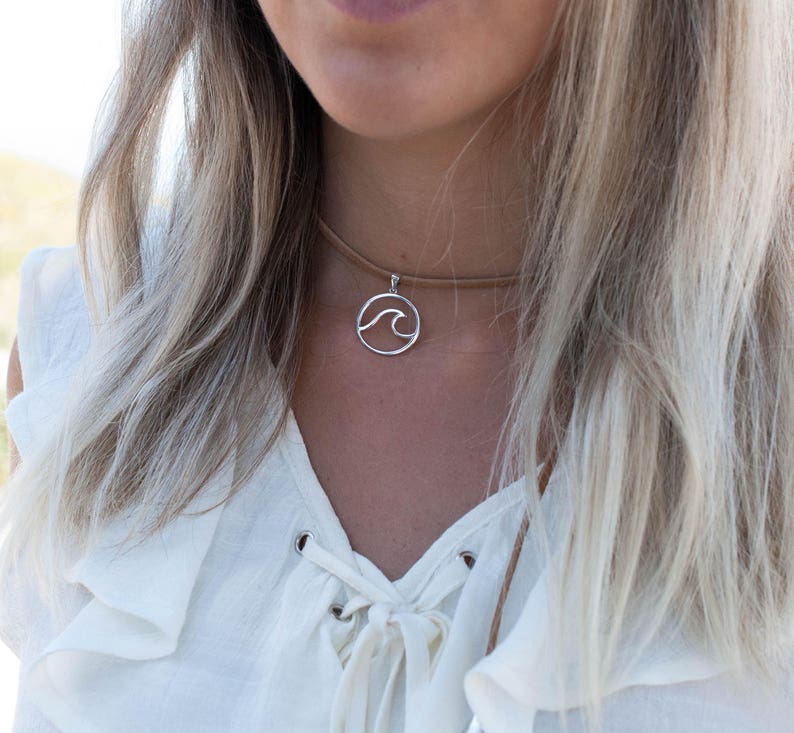 Wave Leather Choker ~ Sterling Silver 925 ~Necklace ~ Jewelry ~ Gift For Her ~ Ocean ~ Beach ~ Surf ~ Handmade ~ Mermaid ~ Everyday ~ Casual