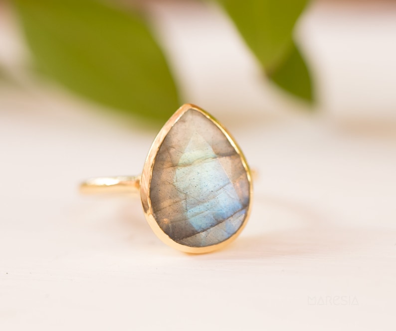 Rainbow Labradorite Tear Drop Ring Gemstone Natural 18k Gold Plated Jewelry HandmadeFebruary Birthstone MR009 image 2