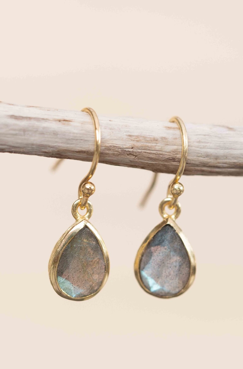 Labradorite Tear Drop Earrings Jewelry 18k Gold Plated Natural Minimalist Everyday Gift for Her Boho Hippie ME187 image 3