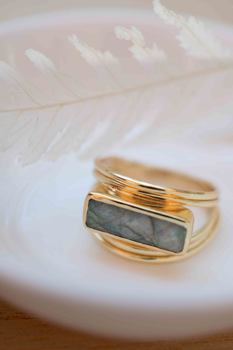 Rainbow Labradorite Ring Rectangular Stone Gemstone Natural 18k Gold Plated Jewelry Handmade February Birthstone MR304 image 6