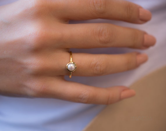 Pearl Gold Ring Dainty Pearl Ring Delicate Pearl Ring 18K 