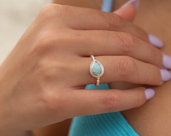 Larimar Ring ~ Statement ~ Gemstone ~ Semi Precious Stone ~ Blue ~ White ~ Natural ~ Organic ~ Sterling Silver 925~Tear Drop~Thin Band~MR256