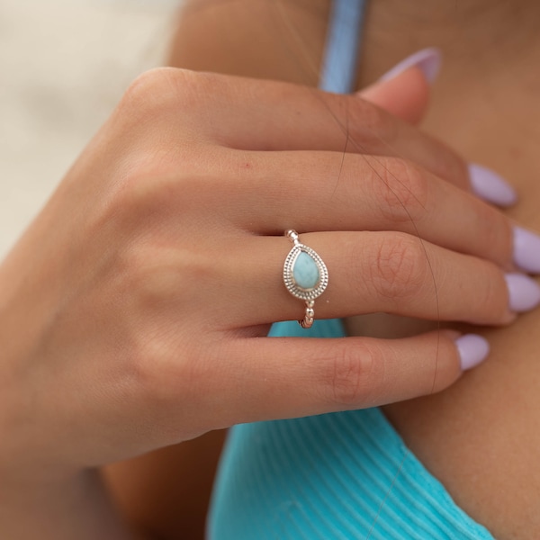 Larimar Ring ~ Statement ~ Gemstone ~ Semi Precious Stone ~ Blue ~ White ~ Natural ~ Organic ~ Sterling Silver 925~Tear Drop~Thin Band~MR256