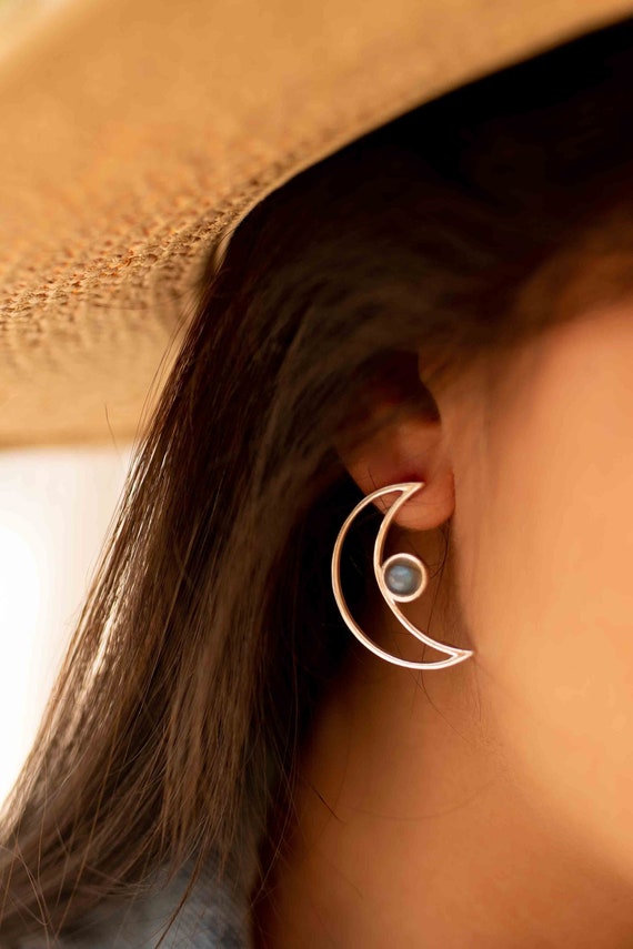 Sterling Silver 14k Gold Plated Half Moon Labradorite Post Stud Earrings Sterling Silver 14k Gold Plated Half Moon Labradorite Post Stud Earrings