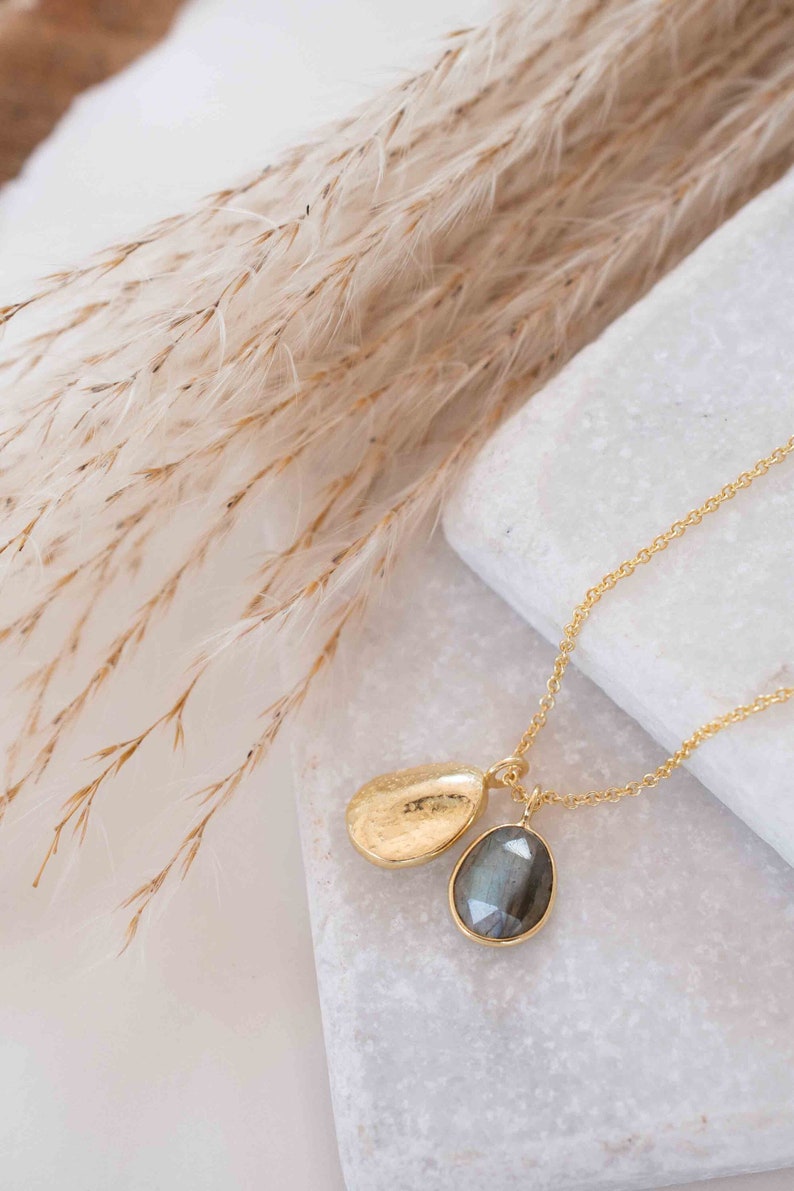 Labradorite, Copper Turquoise or Moonstone Necklace Charm Gold plated 18k Bohemian Nugget MN114 image 2