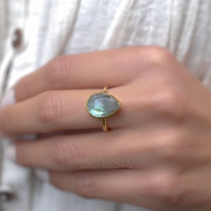 Rainbow Labradorite Tear Drop Ring Gemstone Natural 18k Gold Plated Jewelry HandmadeFebruary Birthstone MR009 image 3