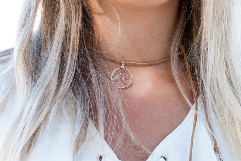 Wave Leather Choker ~ Sterling Silver 925 ~Necklace ~ Jewelry ~ Gift For Her ~ Ocean ~ Beach ~ Surf ~ Handmade ~ Mermaid ~ Everyday ~ Casual