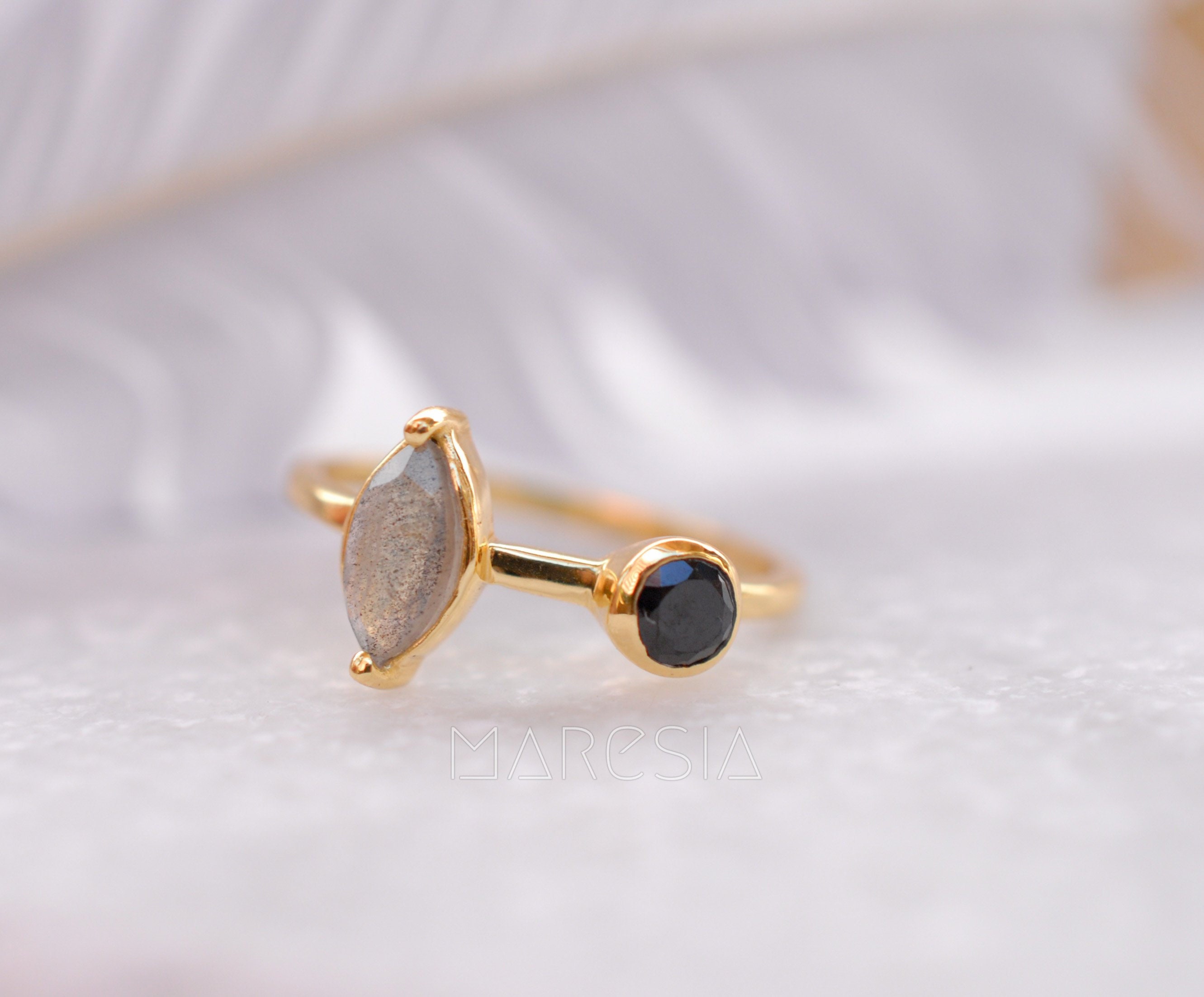 Rainbow Labradorite & Black Onyx Ring~ Gemstone ~ Natural ~ 18k