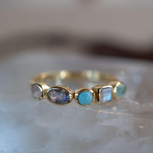 Aqua Chalcedony, Moonstone, Turquoise, Labradorite and Rose quartz Ring ~ genuine Stones ~ 18k Gold Plated~Mix Stones ~ Handmade~Boho ~MR360
