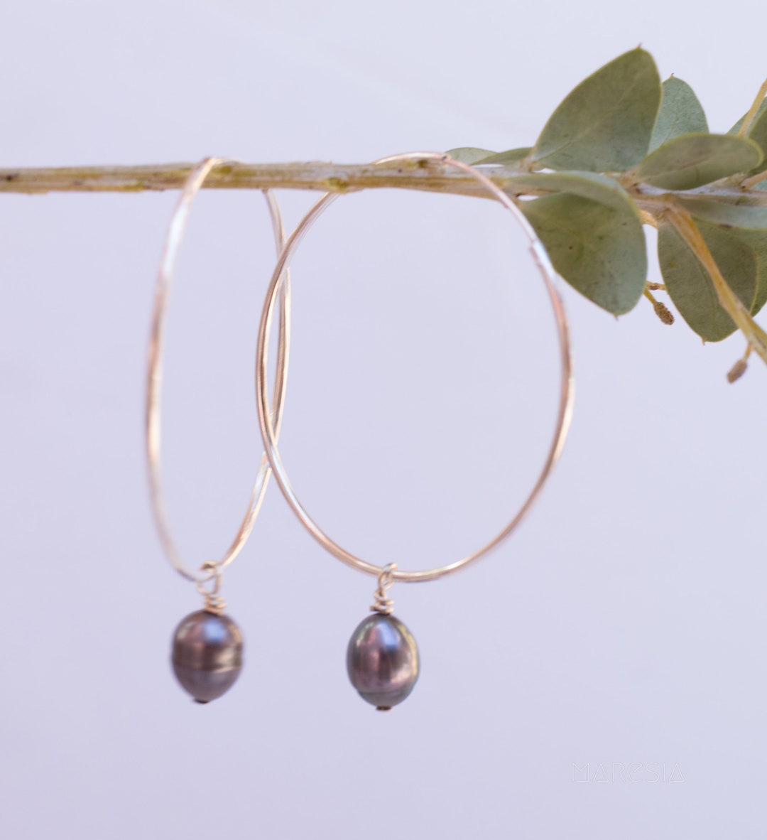 Black Pearl Hoop Earrings Sterling Silver or 14k Gold Filled Jewelry