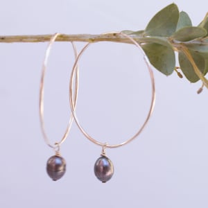 Black Pearl Hoop Earrings ~ Sterling Silver or 14k Gold Filled  ~ Jewelry  ~ Natural ~ Organic ~ Everyday  Boho ~ Hippie ~ Circle ~ ME052