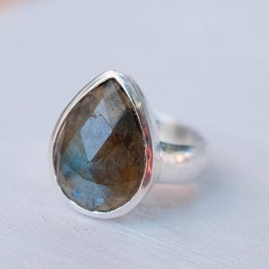 Rainbow Labradorite Ring Statement Big Tear Drop Gemstone Natural Sterling Silver 925 HandmadeColorful Organic Gift MR027 image 2