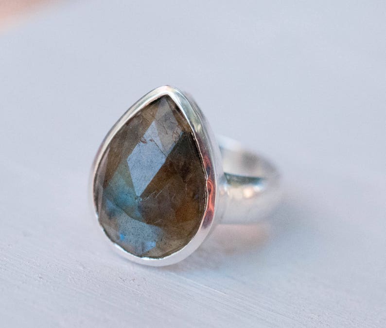Rainbow Labradorite Ring Statement Big Tear Drop Gemstone Natural Sterling Silver 925 HandmadeColorful Organic Gift MR027 image 2