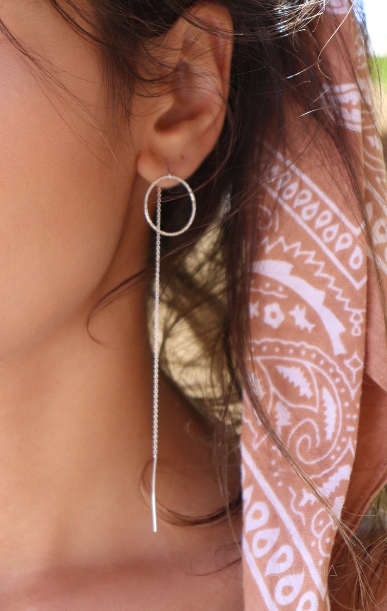 Threader Circle Earrings Sterling Silver Earrings Geometric Silver Earrings Handmade Jewelry Gift for her ME029 image 1
