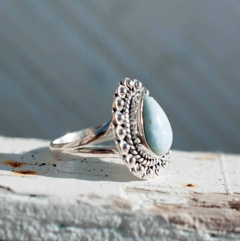 Larimar Ring Statement Gemstone Semi Precious Stone Blue White Natural Organic Sterling Silver 925Tear DropThin BandMR020 image 4