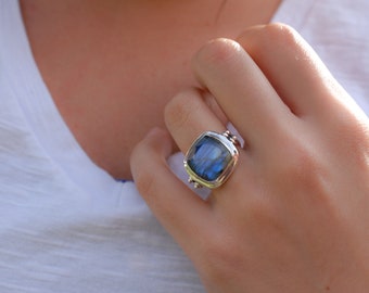 Rainbow Labradorite  Square Ring ~ Gemstone ~ Natural ~Sterling Silver 925 ~ Jewelry ~ Handmade~February Birthstone ~Statement ~Gift ~MR111