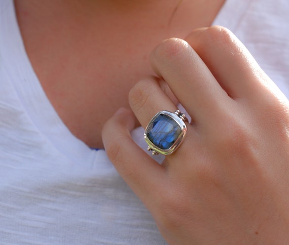 Rainbow Labradorite Square Ring ~ Gemstone ~ Natural ~sterling