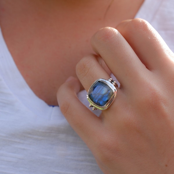 Rainbow Labradorite  Square Ring ~ Gemstone ~ Natural ~Sterling Silver 925 ~ Jewelry ~ Handmade~February Birthstone ~Statement ~Gift ~MR111