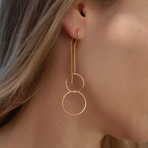 Threader Earrings ~ 18k Gold Vermeil Earrings ~ Circle~  Geometric ~Dangle Earrings ~ Handmade ~ Jewelry ~ Gift for her ~ ME145