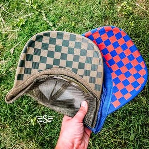 Trucker Hat Checked Under Bill Transfer | trucker hat, hat bar, transfer, western, team colors, checkered print, retro, sports, sports team
